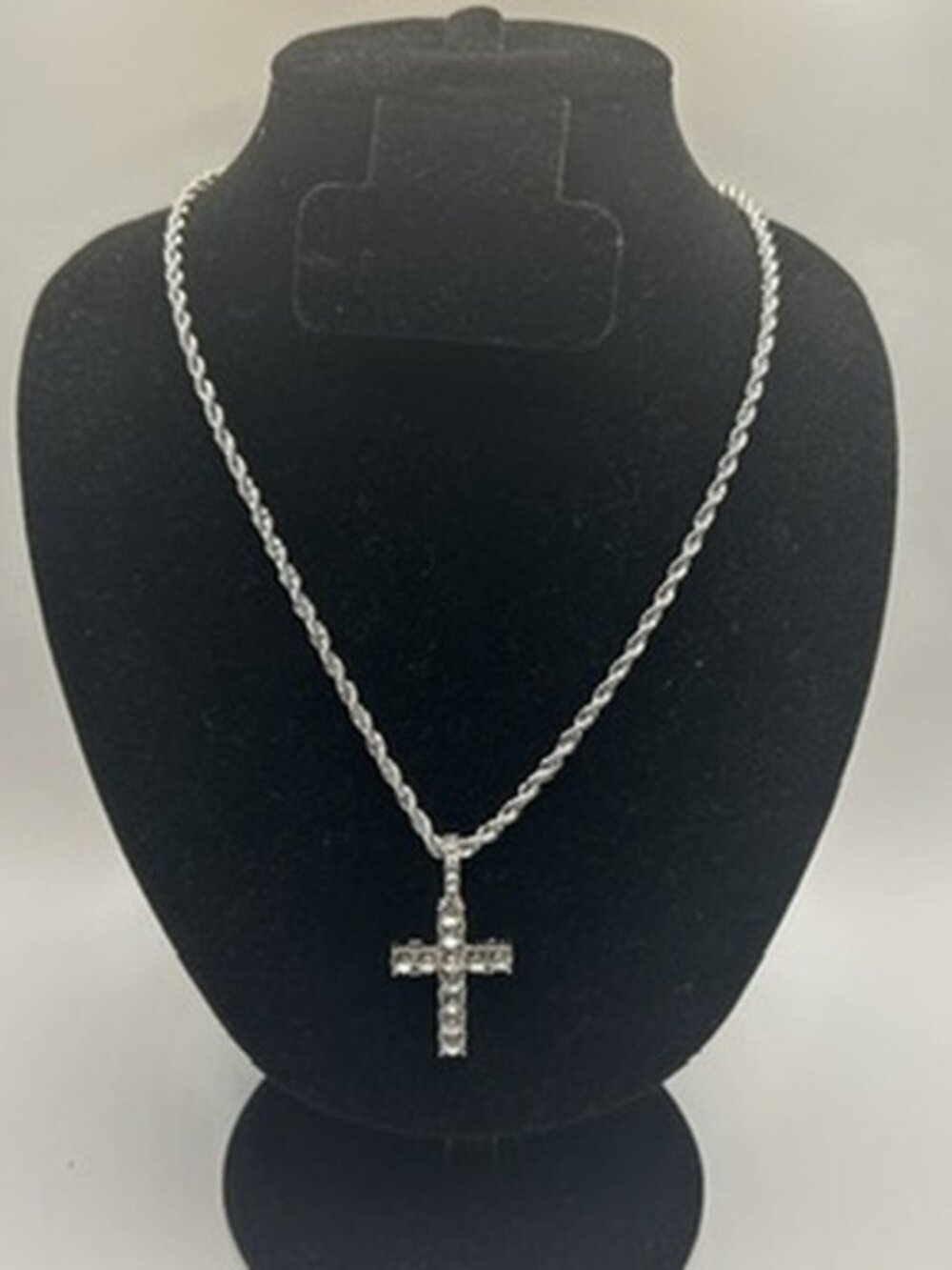 Solid Rope Chain Cross Pendant Real Silver Stainless Steel Plated 4mm 22in Mens